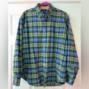 Ralph Lauren Men's Plaid Button Up Down Shirt Green and Blue Large